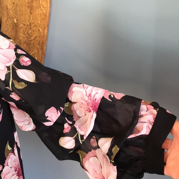 IJOAH black & pink floral chiffon mesh pullover 3/4 sleeves tunic/mini dress M - Picture 7 of 15